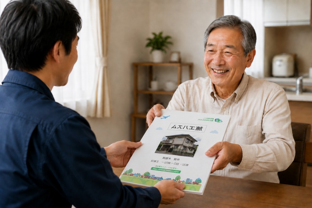 施工アルバムをお客様へお渡ししている様子